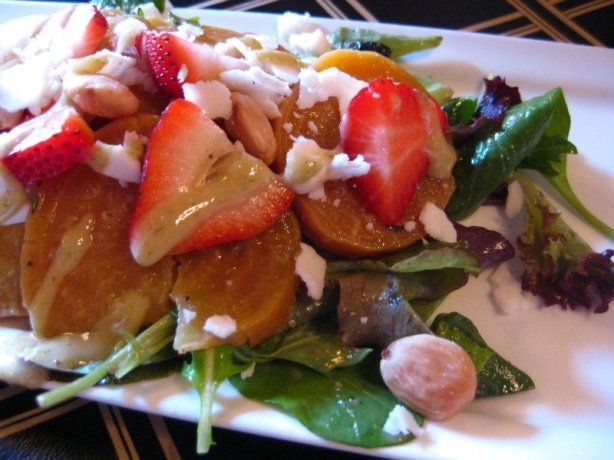 Strawberry Roasted Golden beet Salad w Goat Cheese Marcona Almonds (very similar to our Mango Salad)